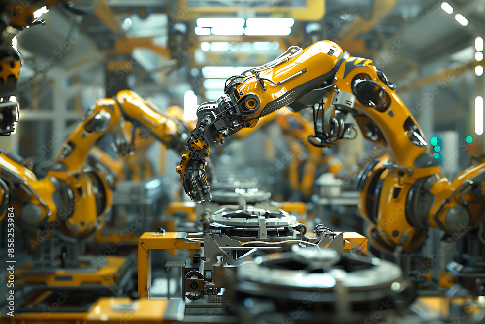 A high-tech factory with robots on an assembly line, manufacturing car body parts efficiently. A high-tech factory with robots on an assembly line, manufacturing car body parts efficiently.