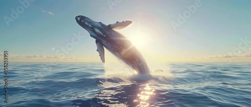 Capture a majestic whale breaching the oceans surface in CG 3D on a light blue canvas, photo