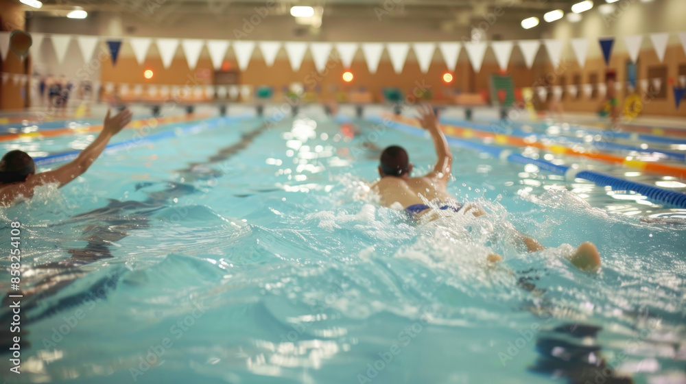 Obraz premium Swimmers training in an Olympic-size pool