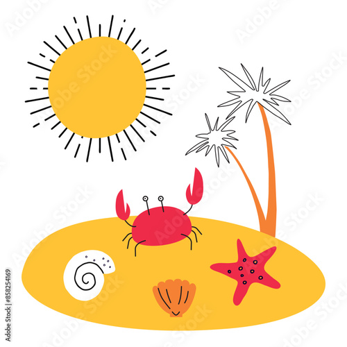 Tropical beach island with palm, crab, seashell, Starfish on the sand. Summer vacation flat trendy style vector concept for resort, beach holiday, cruise, vacation poster, banner, flyer, stickers  photo