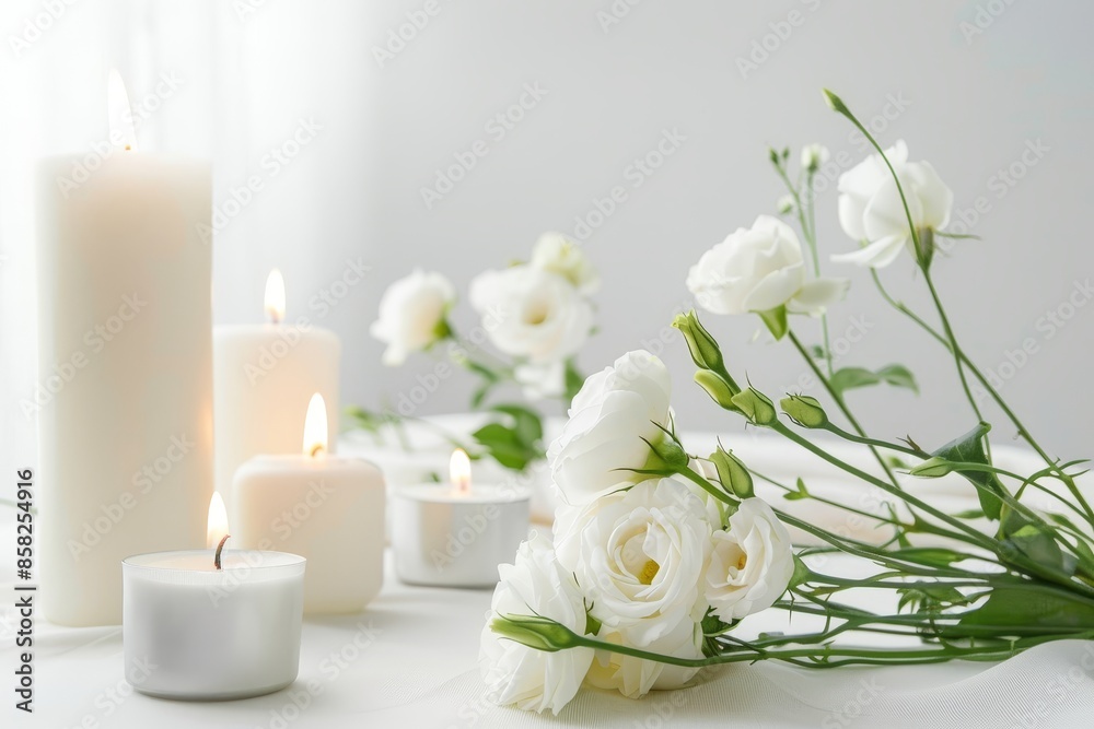 In the room, an elegant table setting is set with eustoma flowers and candles for the wedding celebration In the room, an elegant table setting is set with eustoma flowers and candles for the wedding celebration