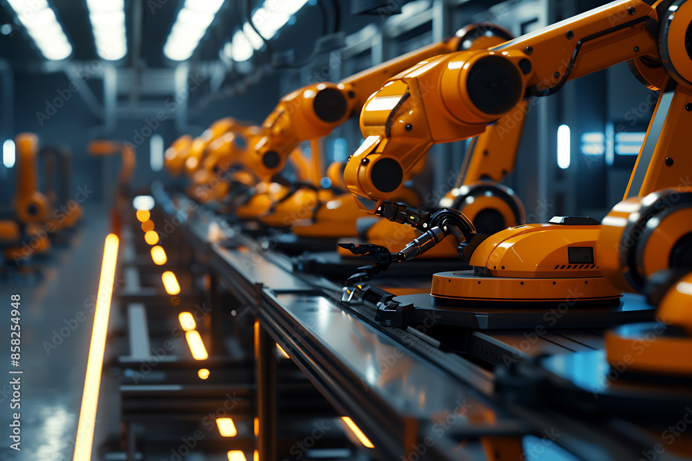 A high-tech factory with robots on an assembly line, manufacturing car body parts efficiently.