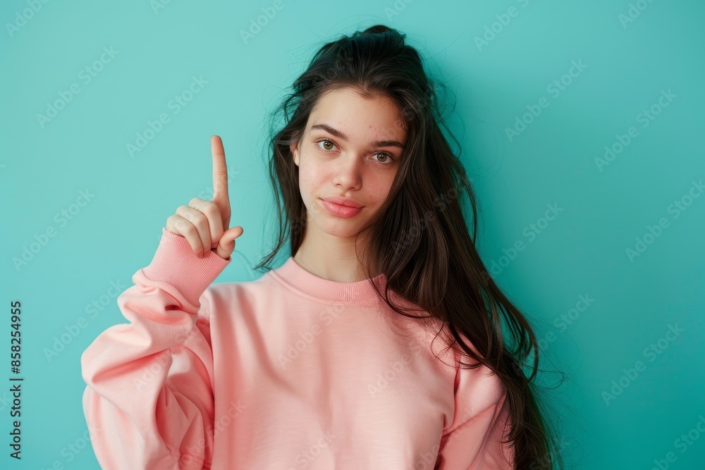 Beautiful young girl wearing a pullover on a turquoise color background looking at her direct finger empty space Beautiful young girl wearing a pullover on a turquoise color background looking at her direct finger empty space