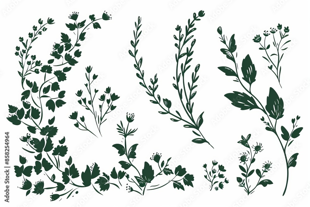 Floral corner, botanical decoration with flowers and branch. Hand drawn herb, homeplant with elegant leaves. Charming rustic greenery. Floral corner, botanical decoration with flowers and branch. Hand drawn herb, homeplant with elegant leaves. Charming rustic greenery.