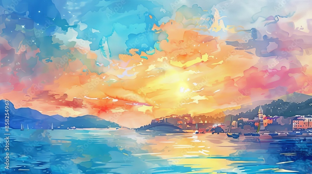Capture a panoramic view of the Mediterranean at sunset,ocean hues blending with vibrant sky tones in watercolor style. Capture a panoramic view of the Mediterranean at sunset,ocean hues blending with vibrant sky tones in watercolor style.