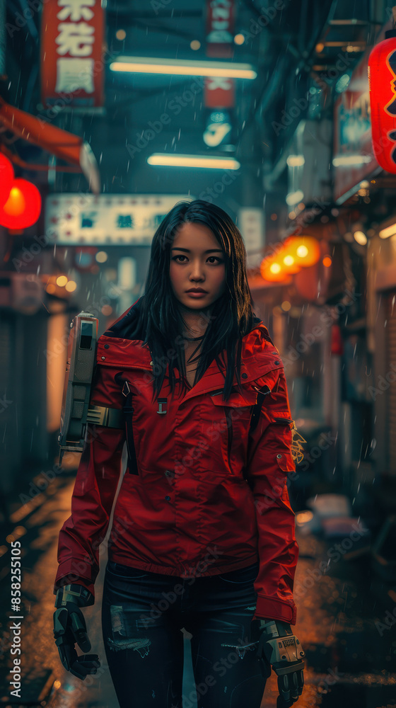 Cyberpunk Urban Adventure Woman in Red Jacket Walking Through Neon Lit Alleyway at Night Amidst Rainfall and Vibrant Signage Cyberpunk Urban Adventure Woman in Red Jacket Walking Through Neon Lit Alleyway at Night Amidst Rainfall and Vibrant Signage