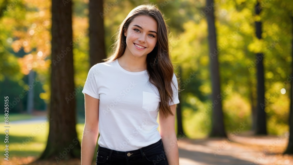 Teenage girl wearing white t-shirt and black jeans standing in nature Teenage girl wearing white t-shirt and black jeans standing in nature