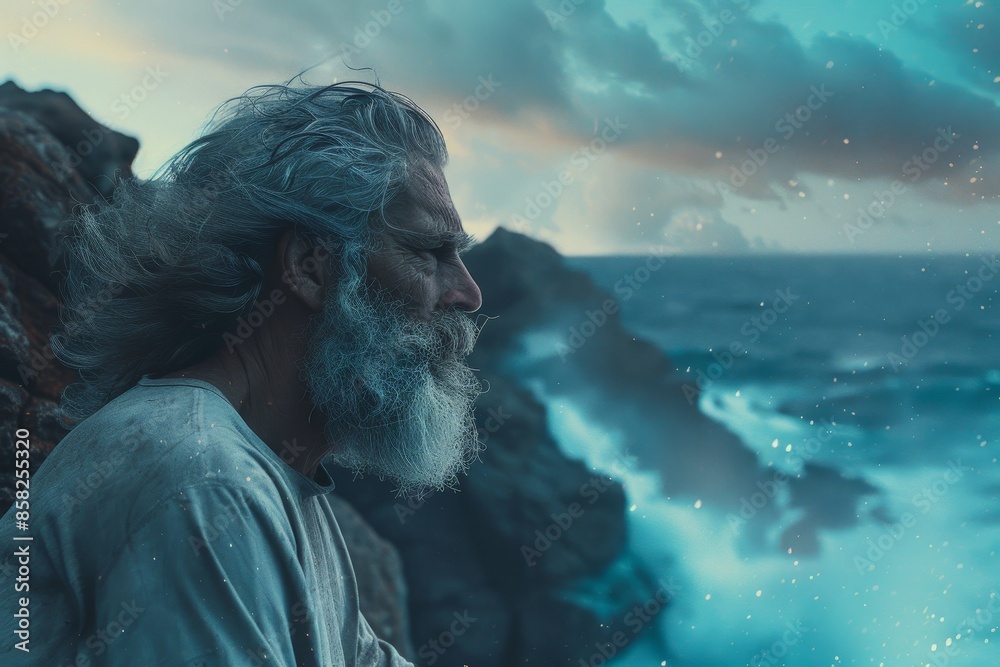 Old man near ocean, generated by Generative AI Old man near ocean, generated by Generative AI