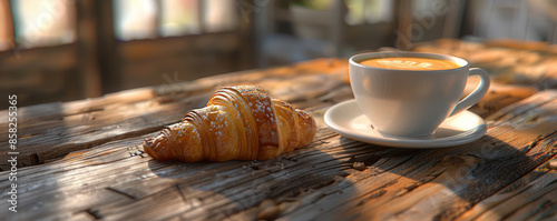 Serene Morning Bliss A Freshly Baked Croissant Paired with a Perfectly Brewed Cup of Coffee in a Rustic Setting by the Window photo