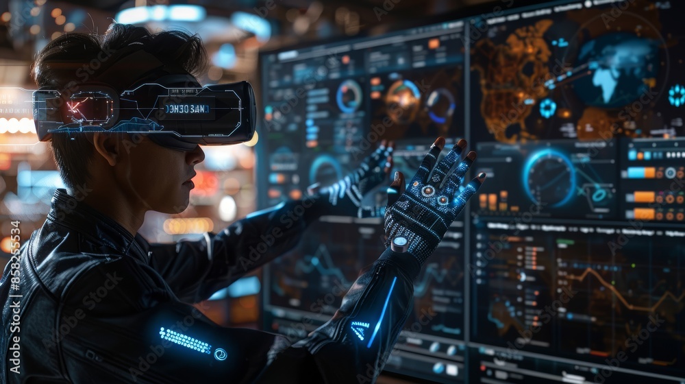 A virtual reality analyst interacts with an advanced data interface ...