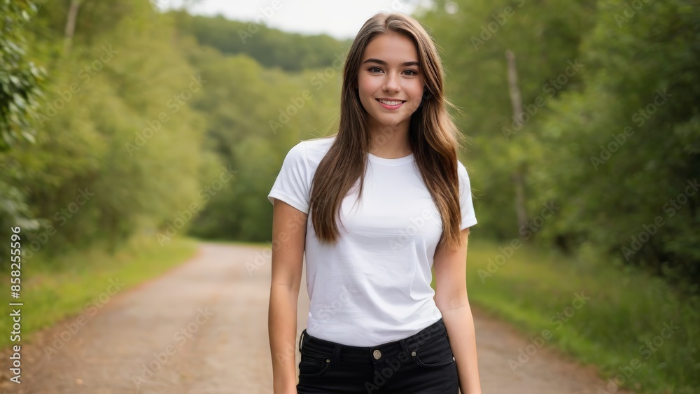 Teenage girl wearing white t-shirt and black jeans standing in nature Teenage girl wearing white t-shirt and black jeans standing in nature