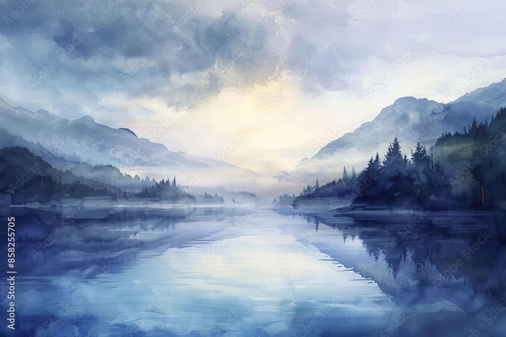 Capture a serene, panoramic view of a pristine mountain landscape at dawn Use soft, pastel watercolors to bring out the ethereal glow, Capture a serene, panoramic view of a pristine mountain landscape at dawn Use soft, pastel watercolors to bring out the ethereal glow,