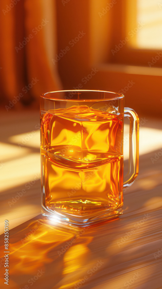 Golden Hour Beverage A Perfectly Chilled Amber Drink in a Transparent Glass, Bathed in Warm Sunlight with Radiant Reflections on a Wooden Surface Near a Window, Inviting Relaxation and Bliss