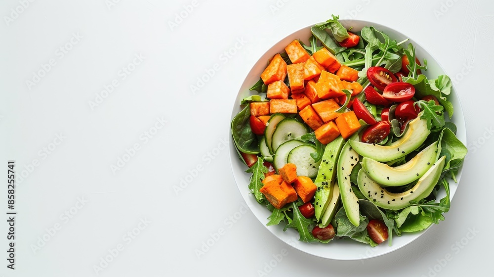 a salad featuring avocado, cucumber, and grilled sweet potato on a white background, with no shadows in the center, ideal for text or copy space. a salad featuring avocado, cucumber, and grilled sweet potato on a white background, with no shadows in the center, ideal for text or copy space.