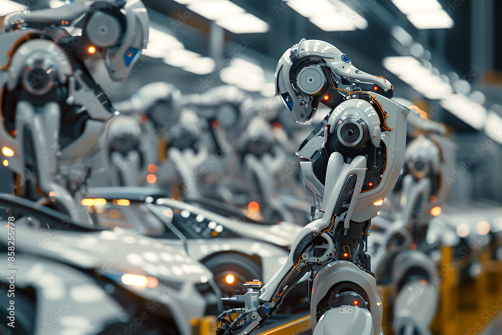 A high-tech factory with robots on an assembly line, manufacturing car body parts efficiently. A high-tech factory with robots on an assembly line, manufacturing car body parts efficiently.