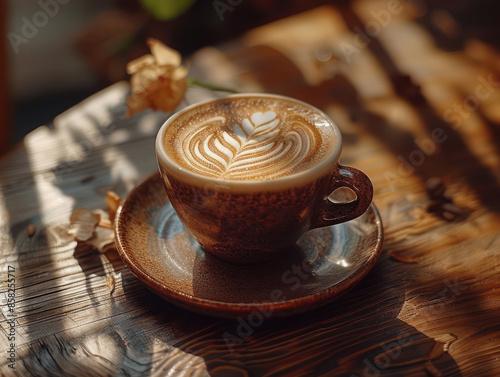 Beautiful Latte Art in a Cozy, Sunlit Coffee Shop Rustic Wooden Table with Elegant Patterns on Top Capturing the Perfect Coffee Moment for Lovers of Aesthetic Beverage Photography photo