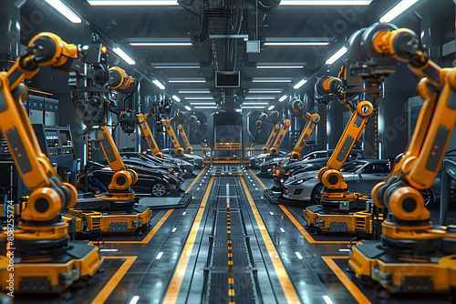 A high-tech factory with robots on an assembly line, manufacturing car body parts efficiently.