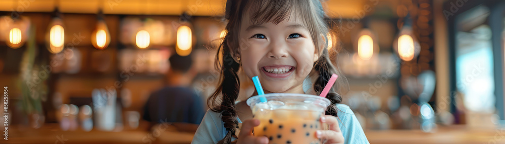 Happy Child Enjoying Bubble Tea at a Cozy Cafe with Modern Lighting and Cheerful Ambiance, Capturing Joyful Moments and Delightful Experiences in an Inviting and Friendly Environment Happy Child Enjoying Bubble Tea at a Cozy Cafe with Modern Lighting and Cheerful Ambiance, Capturing Joyful Moments and Delightful Experiences in an Inviting and Friendly Environment