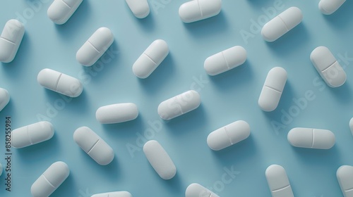 Pills arranged on light blue surface Top down view