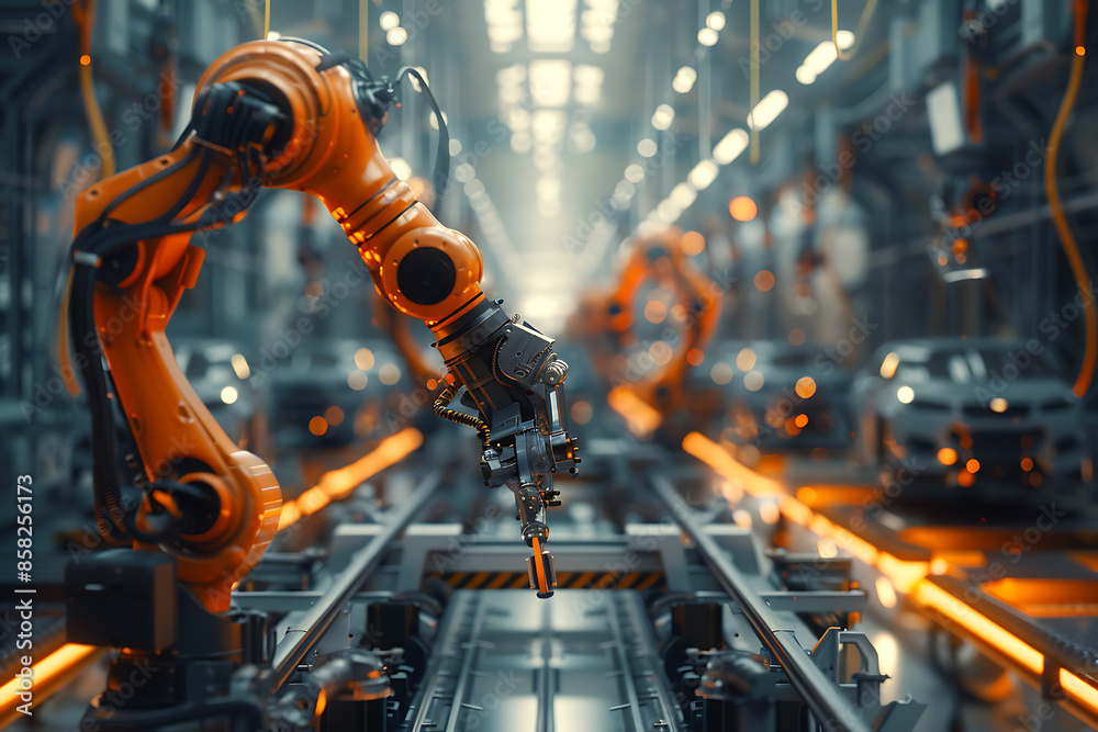 A high-tech factory with robots on an assembly line, manufacturing car body parts efficiently. A high-tech factory with robots on an assembly line, manufacturing car body parts efficiently.