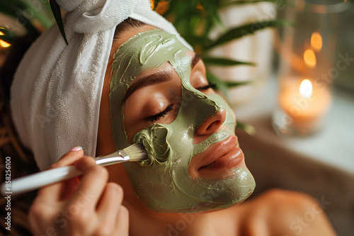 A vibrant photo of a person applying a cannabis-infused facial mask, with the product packaging visible, set in a luxurious home spa environment