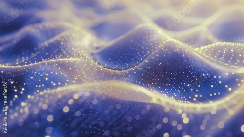 Digital yellow technicolour dots, bokeh and bright dust particles on an abstract blue wave background. photo