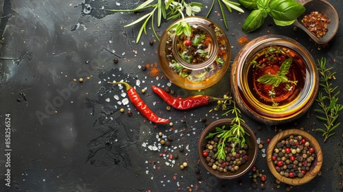 Spices and Herbs on Dark Background