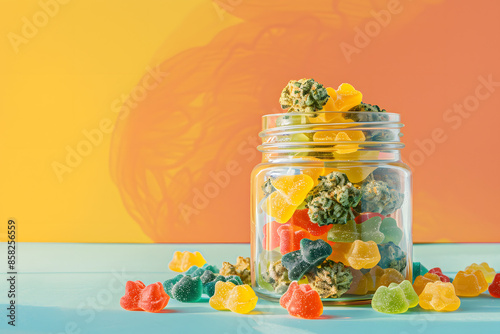 A vibrant photo of a selection of colorful cannabis gummies in a glass jar, set on a bright and cheerful background, perfect for showcasing edible products