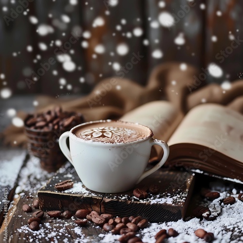 Delicious cups of hot coffee and hot cocoa, books and flowers, beautiful atmosphere Ai generated.