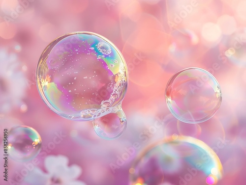 Soap bubbles with iridescent colors floating against a soft pastel background, soap bubbles, iridescent, pastel background
