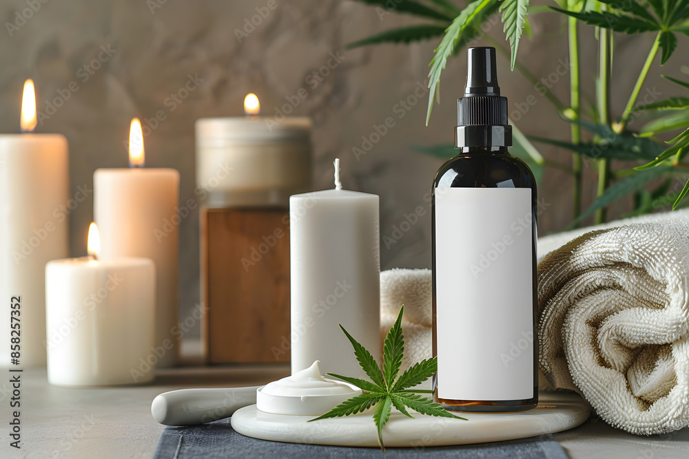 A detailed mockup of a cannabis-infused skincare product, such as a lotion or cream, with a blank label, set in a spa environment with candles and towels A detailed mockup of a cannabis-infused skincare product, such as a lotion or cream, with a blank label, set in a spa environment with candles and towels