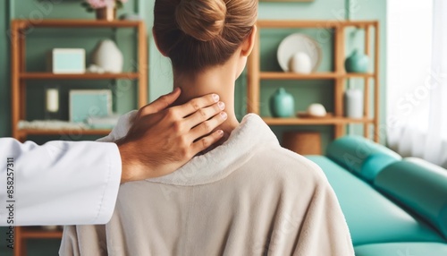 The hands of a doctor massage therapist knead the patient’s neck area with acupuncture massage, eliminating spasm and pain in the neck. photo