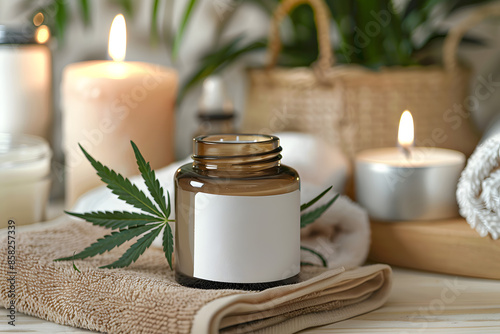 A detailed mockup of a cannabis-infused skincare product, such as a lotion or cream, with a blank label, set in a spa environment with candles and towels 