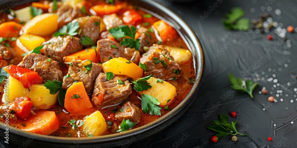 Savory South African potjiekos stew with tender meat potatoes and carrots. Concept South African Cuisine, Potjiekos Stew, Tender Meat, Traditional Recipe, Carrots and Potatoes Savory South African potjiekos stew with tender meat potatoes and carrots. Concept South African Cuisine, Potjiekos Stew, Tender Meat, Traditional Recipe, Carrots and Potatoes