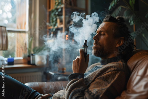 A detailed photo of a patient using a medical cannabis vaporizer at home, with a relaxed and comfortable setting, emphasizing the ease of use and therapeutic benefits 