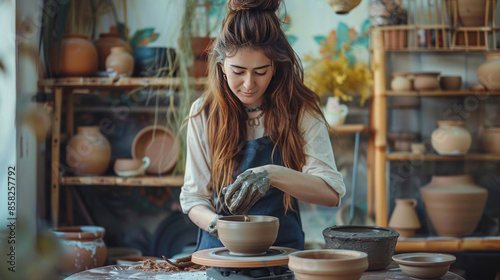 Woman doing pottery at a pottery wheel in a home studio