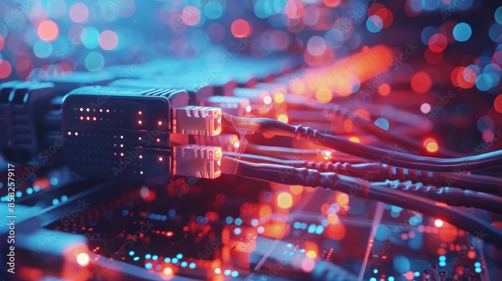 Close-up of network cables connected to a server in a data center with a colorful bokeh background. Close-up of network cables connected to a server in a data center with a colorful bokeh background.