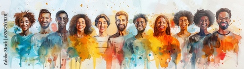 Diverse group of smiling people in a colorful abstract background.