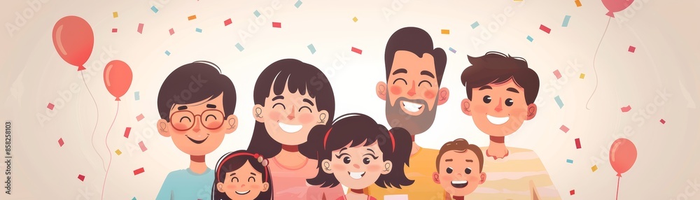 Happy family portrait with balloons and confetti. Happy family portrait with balloons and confetti.