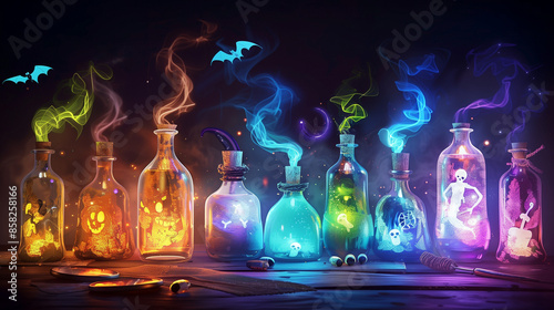 Colorful potion bottles with floating spirits photo