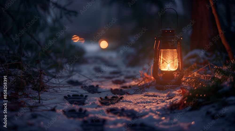 Snowy forest trail with glowing lanterns at twilight Snowy forest trail with glowing lanterns at twilight