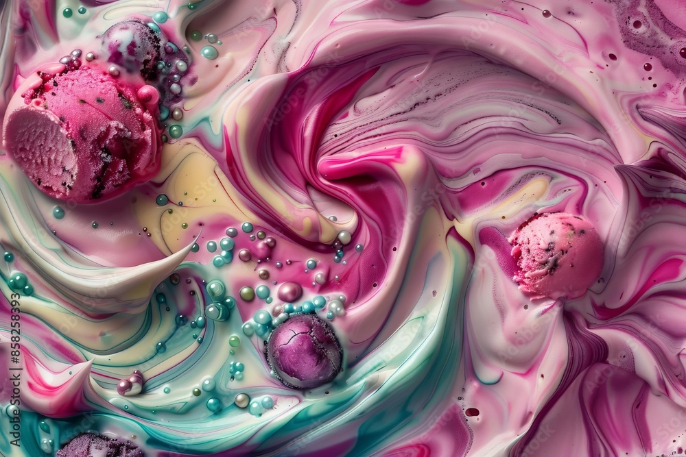 Obraz premium Capture an aerial view of a colorful sorbet ice cream swirl, showcasing vibrant tones and intricate textures in a realistic digital rendering,
