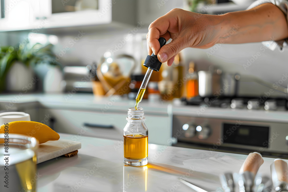A detailed mockup of a CBD oil dropper bottle with a blank label, placed on a countertop in a modern bathroom with wellness products in the background, ideal for health and beauty branding A detailed mockup of a CBD oil dropper bottle with a blank label, placed on a countertop in a modern bathroom with wellness products in the background, ideal for health and beauty branding
