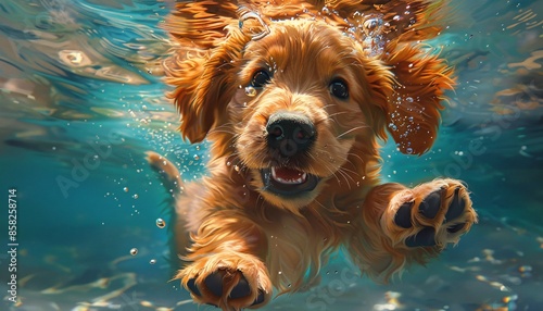 Adorable Golden Retriever Puppy Swimming Underwater with Joyful Expression in Clear Blue Water