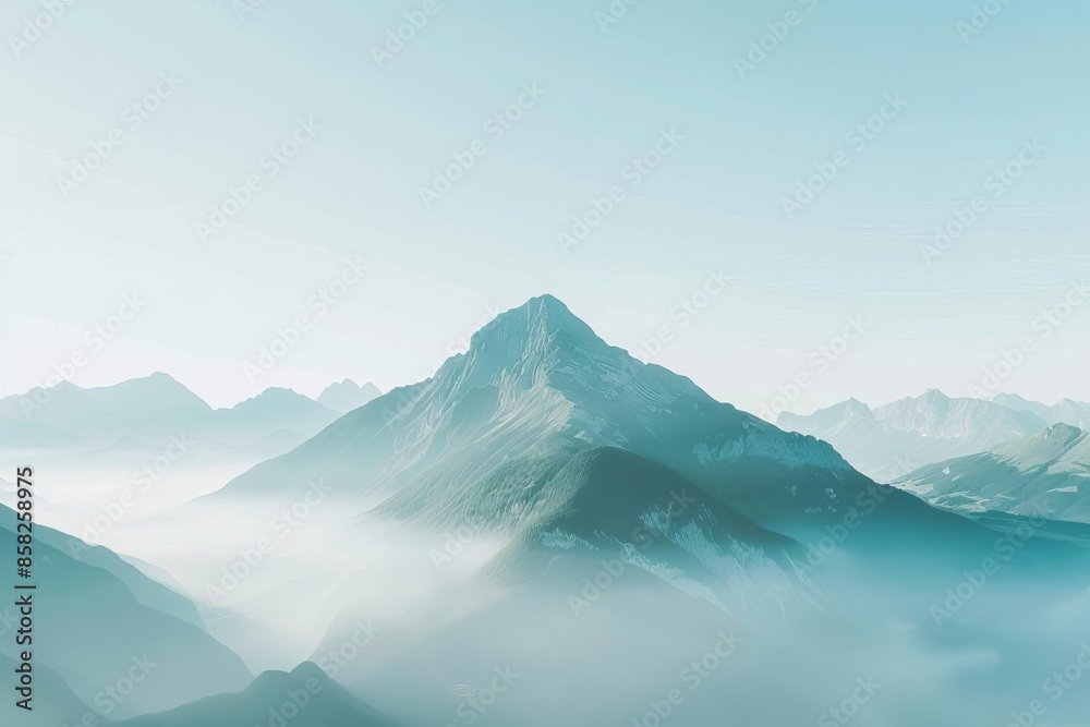 Capture an expansive wide-angle view of a serene mountain peak covered in a light morning haze, Capture an expansive wide-angle view of a serene mountain peak covered in a light morning haze,
