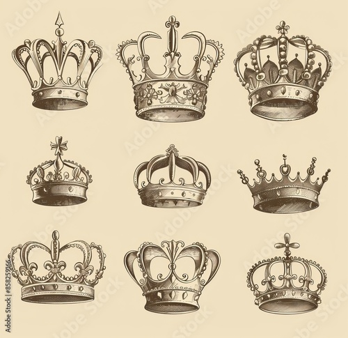 Retro-style hand-drawn imperial crown with throne. King, Emperor, dynasty, and luxury symbol. Modern illustration.