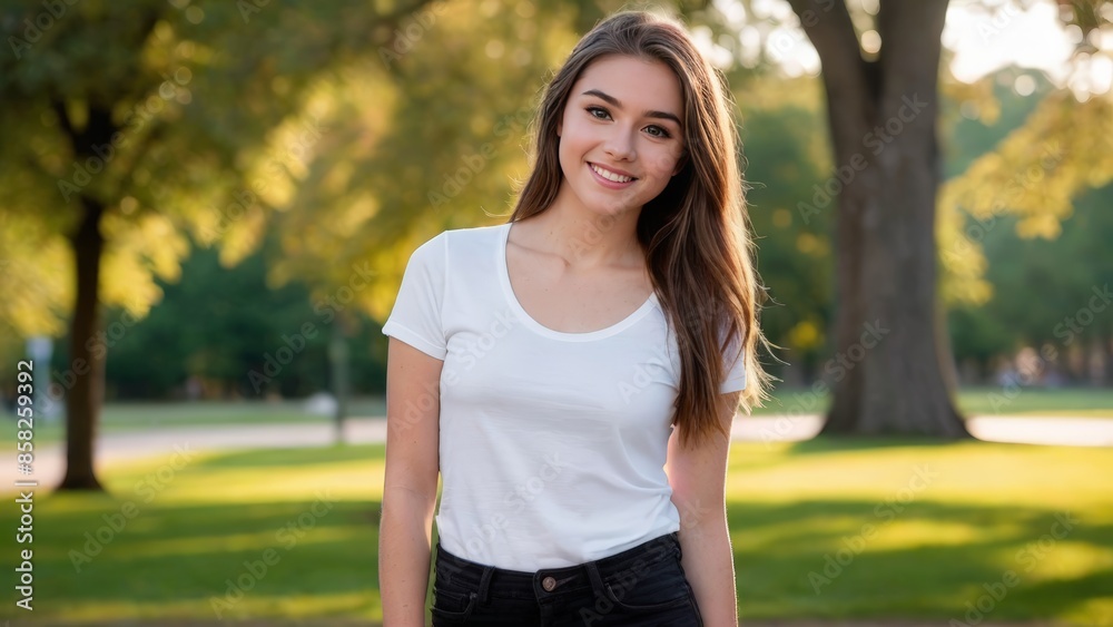 Teenage girl wearing white t-shirt and black jeans standing in the park Teenage girl wearing white t-shirt and black jeans standing in the park