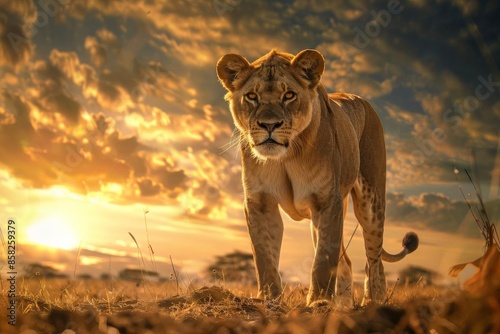 Capture an eye-level perspective of a confident lioness standing boldly in a savannah, under a golden sunset sky, photo