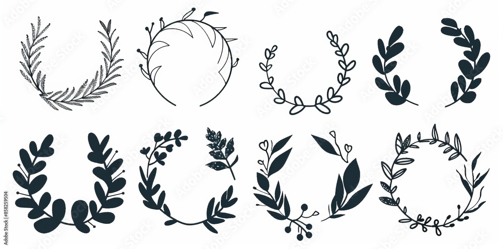 Fototapeta premium Tree branches with leaves and flowers on white background, hand drawn in the vintage style