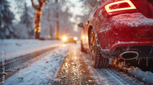 road accident on a winter road in icy conditions, a broken car after a collision on the road, insurance against accidents on the road involving a car
